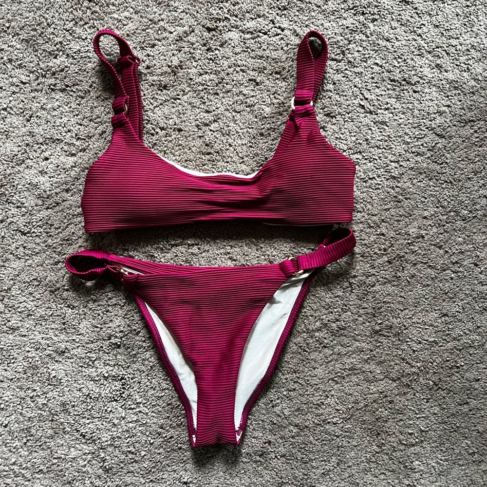 LA Hearts Maroon Ribbed Bikini Set